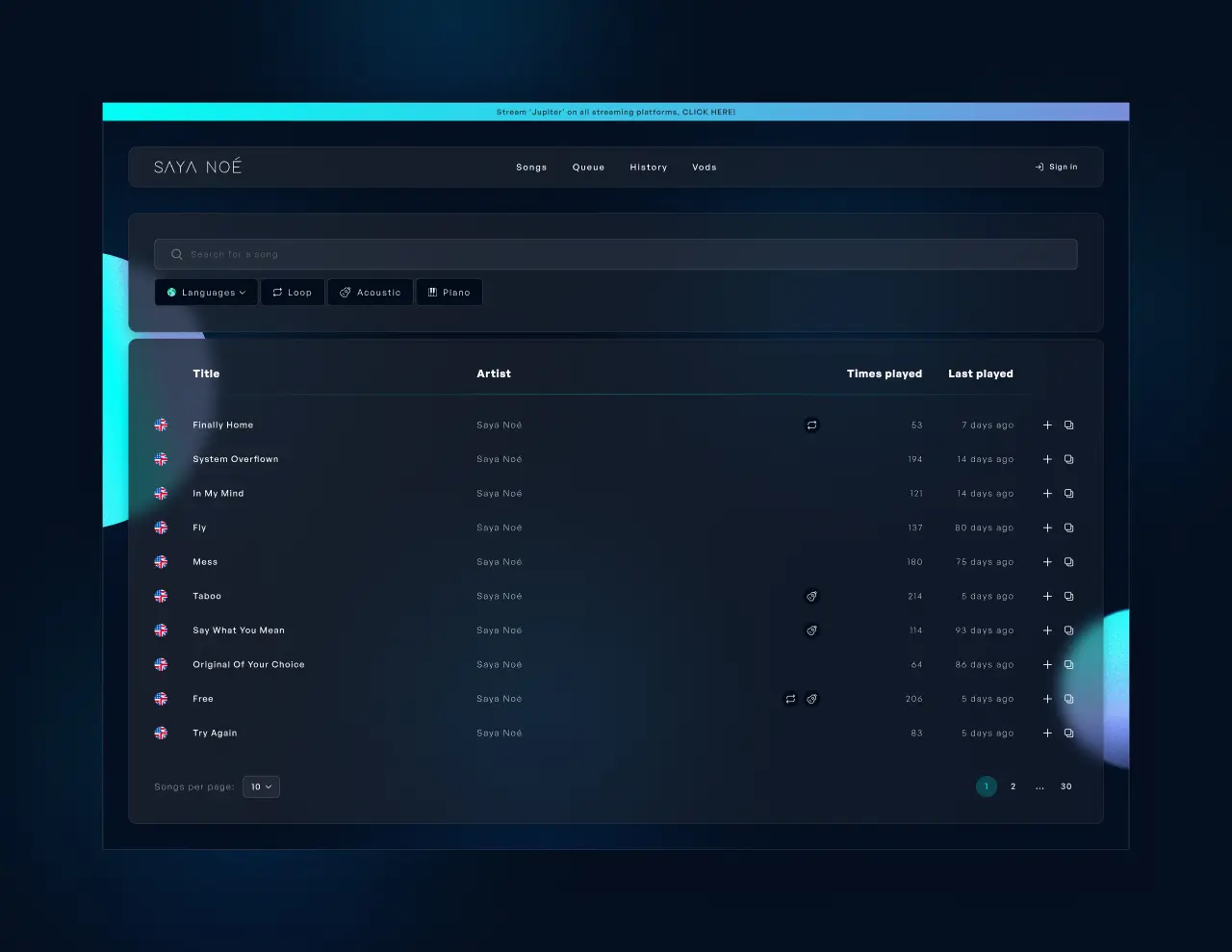 Page web vue d'un utilisateur non connecté de la liste des chansons