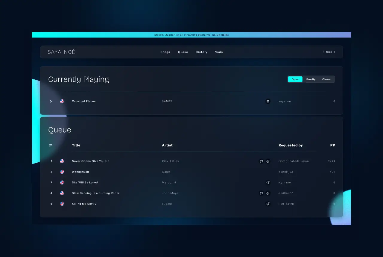 Page web liste d'attente des chansons sélectionnées par les utilisateurs