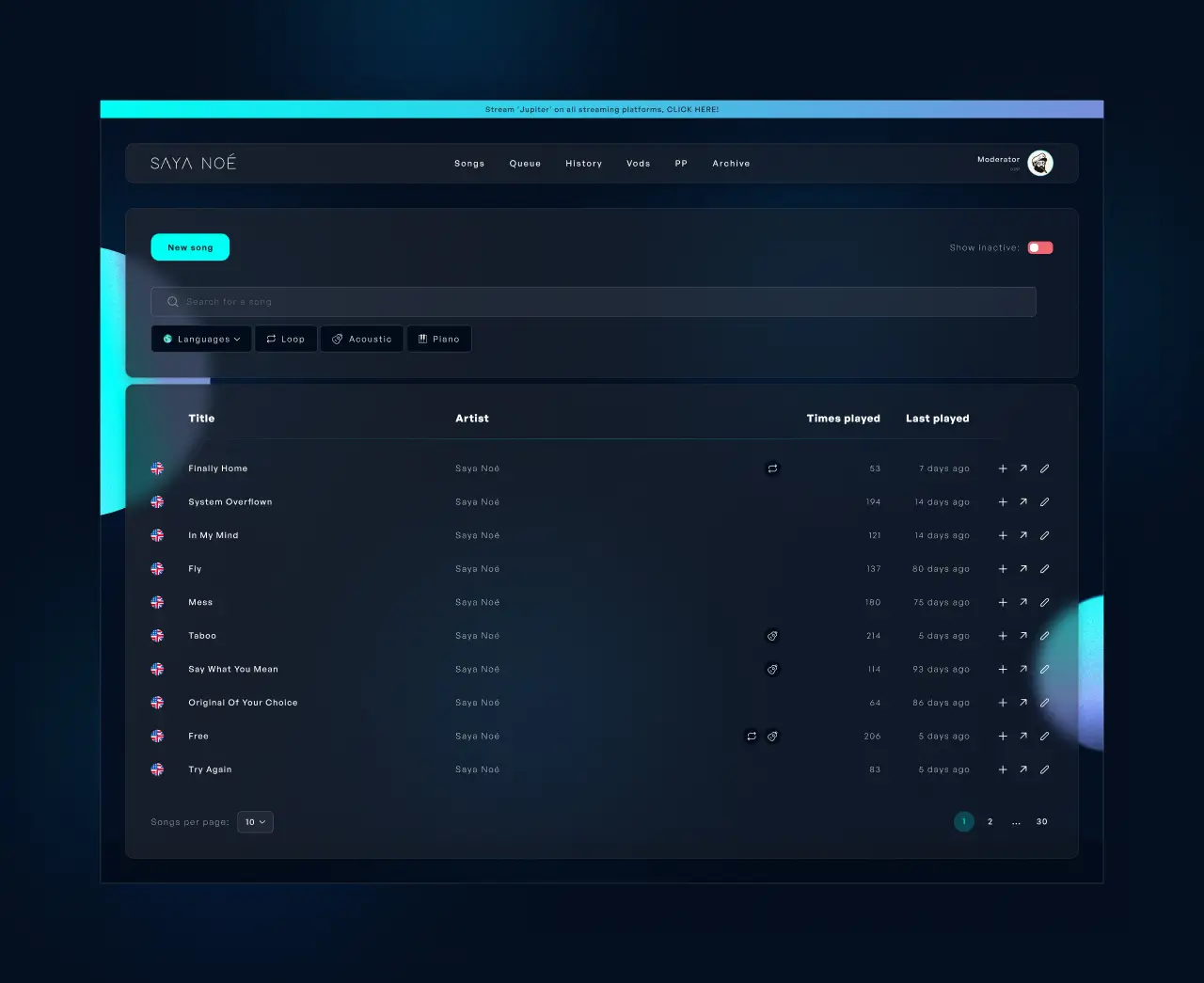 Page web vue d'un modérateur de la liste des chansons