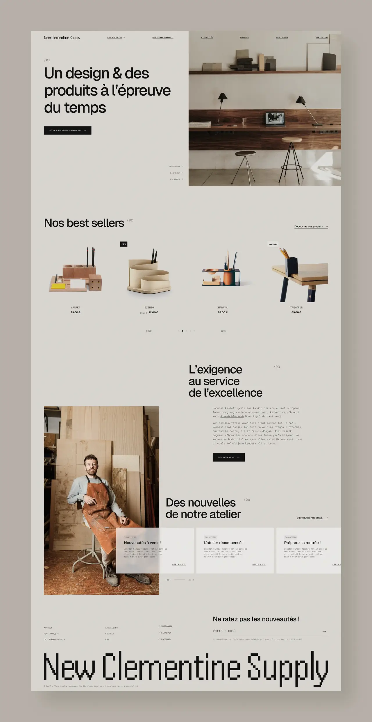 Page d'accueil site web e-commerce New Clementine Supply